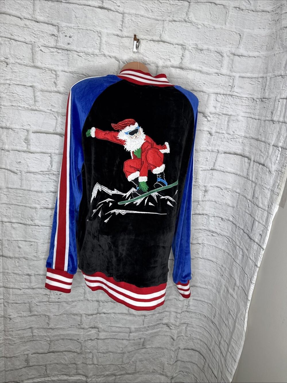 Blizzard Bay Snowboarding Santa Track Jacket Black Velour Christmas Adult S